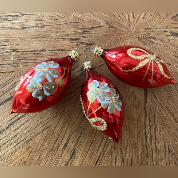 Other - 3 Vintage Hand Painted Glass Red Teardrop Xmas Ornaments made in Czechoslovakia